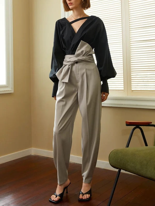 High Waisted Buttoned Pleated Pockets Solid Color Pants Trousers