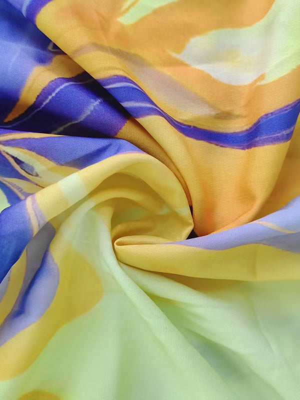 Loose Asymmetric Printed Lapel Blouse + A-Line Drawstring Elasticity Skirt Two Pieces Set