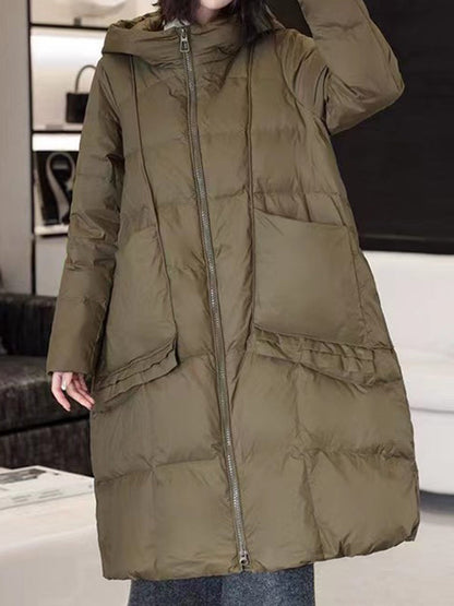 Daunenmantel mit langen Ärmeln, lockeren Taschen, einfarbiger Split-Joint-Kapuze 