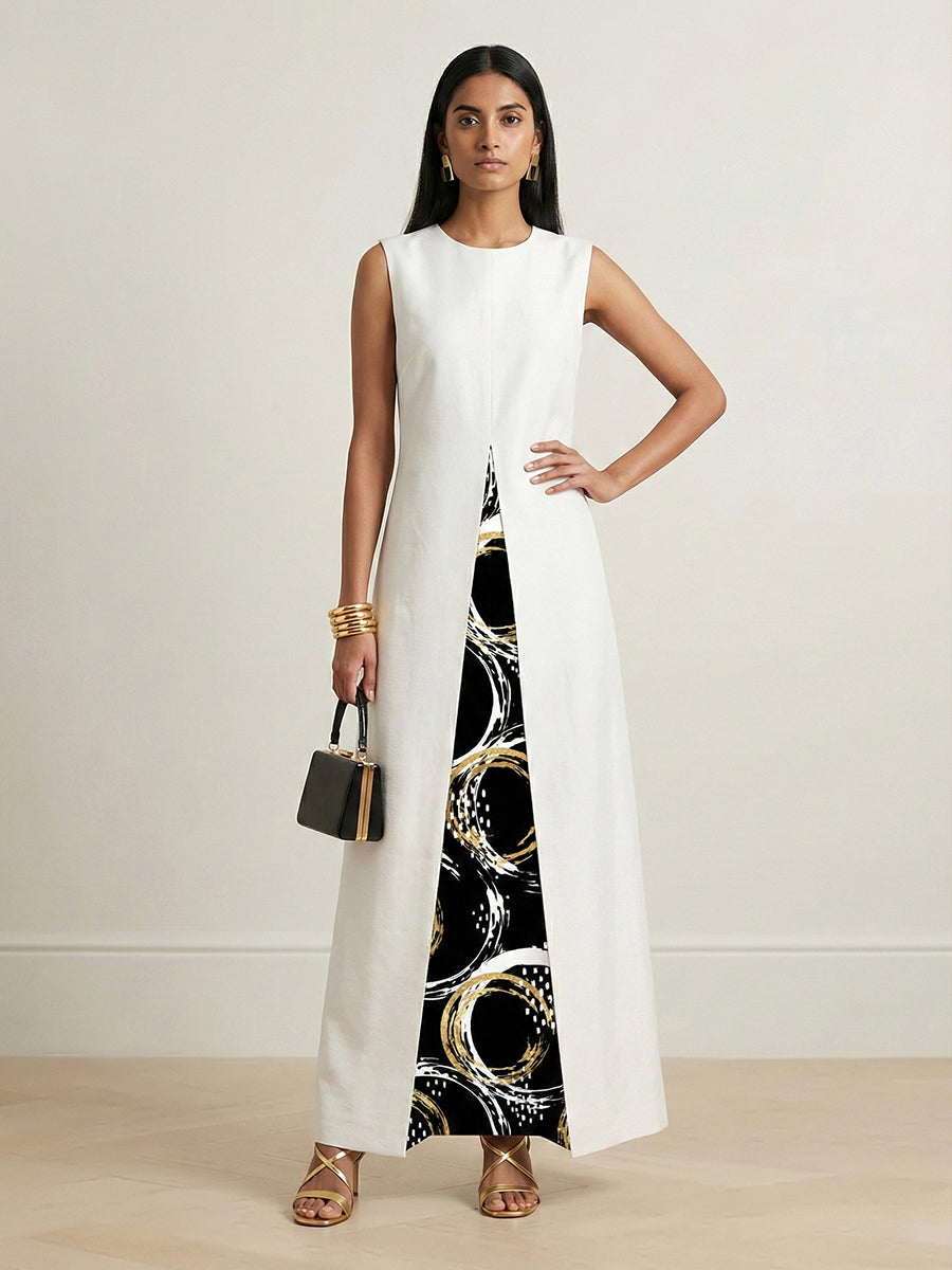 A-Line Long Sleeves Contrast Color Printed Split-Front Split-Joint Round-Neck Maxi Dresses