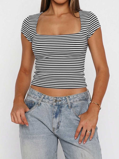Striped Contrast Color Skinny Short Sleeves Square-neck T-Shirts Tops
