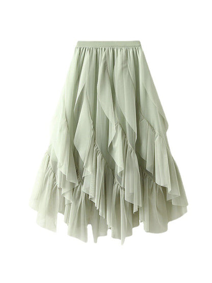 A-Line Loose Elasticity Gauze Pleated Solid Color Split-Joint Skirts