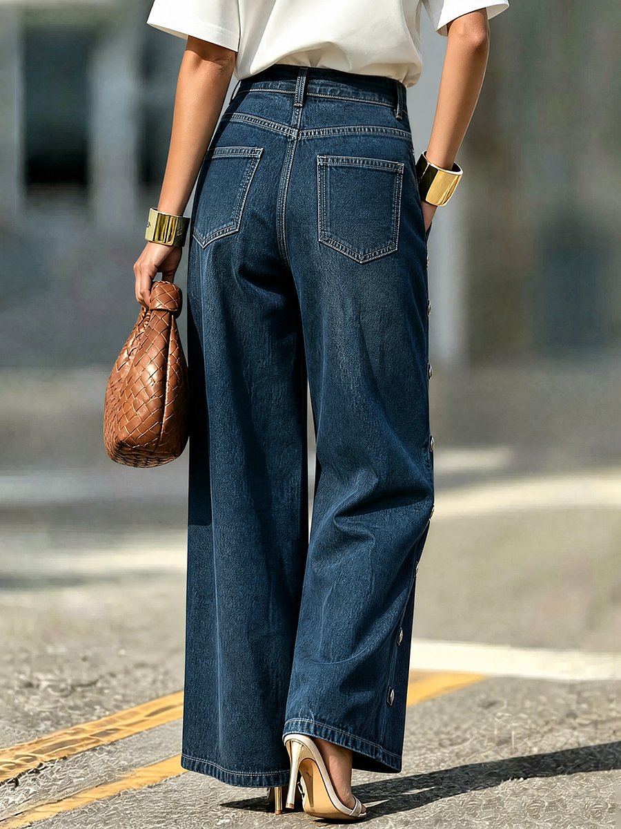 Pockets Buttoned Wide Leg Loose Jean Pants Bottoms