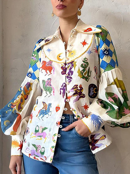 Printed Contrast Color Buttoned Puff Sleeves Long Sleeves Lapel Blouses&shirts Tops