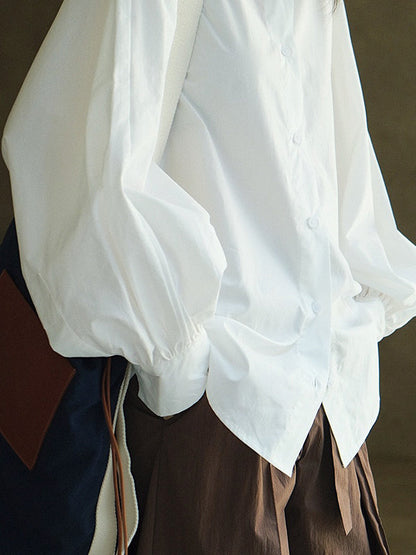 Casual Loose Puff Sleeves Solid Color Lapel Blouses