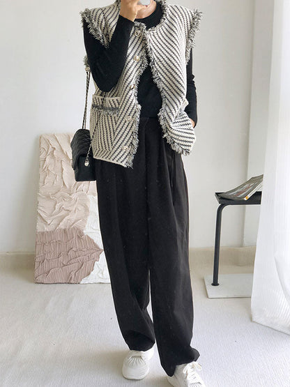Gilet ample sans manches à poches boutonnées et à franges, rayé, col en V, vêtements d'extérieur 
