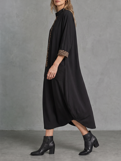 Split-Joint Pockets Leopard Three-quarter Sleeves Loose Mandarin Collar Midi Dresses