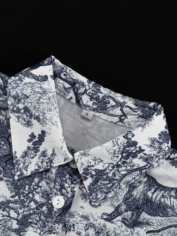 Loose Puff Sleeves Pleated Printed Split-Joint Tied Waist Lapel Mini Dresses Shirt Dress