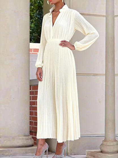 Elasticated Waist High Waisted Belted Pleated Solid Color Lapel Maxi Dresses Shirt Dress