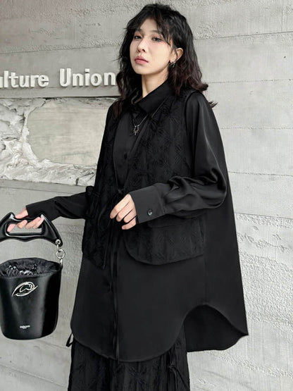 Solid Color Split-Joint Asymmetric Drawstring Flower Print   False Two Lapel Buttoned Pockets Blouses&Shirts Tops + Elasticated Waist Double Layered Skirts Bottoms Two Pieces Set