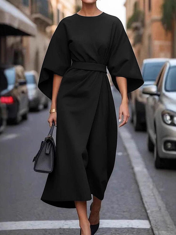 Loose Puff Sleeves Pleated Solid Color Split-Joint Round-Neck Midi Dresses BLACK
