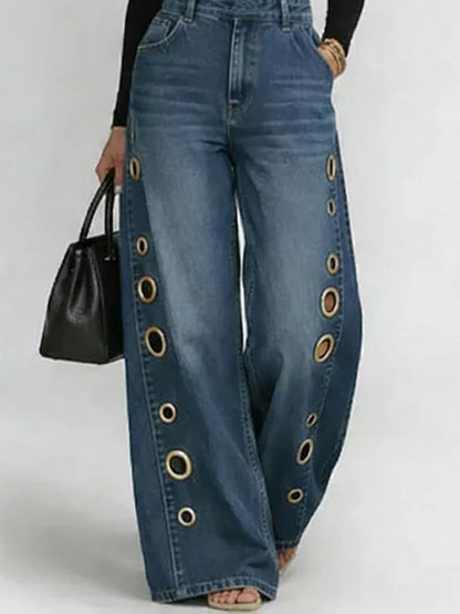 High Waisted Loose Buckle Hollow Pockets Solid Color Split-Joint Adjustable Straps Overalls