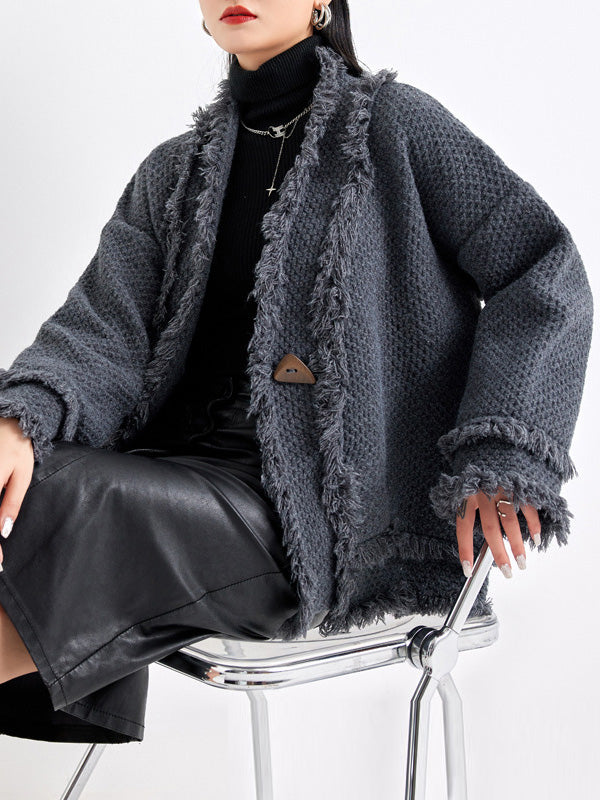 Langärmlige, lockere, geknöpfte, gesäumte, einfarbige Strickjacke mit V-Ausschnitt 