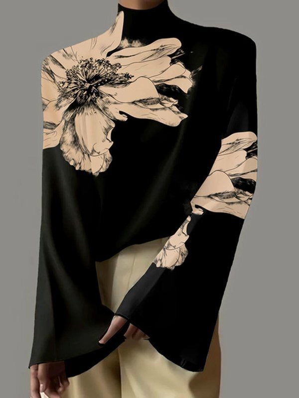 Flared Sleeves Long Sleeves Flower Print High Neck T-Shirts Tops BLACK