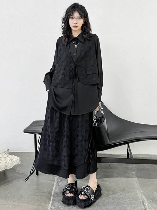 Solid Color Split-Joint Asymmetric Drawstring Flower Print   False Two Lapel Buttoned Pockets Blouses&Shirts Tops + Elasticated Waist Double Layered Skirts Bottoms Two Pieces Set