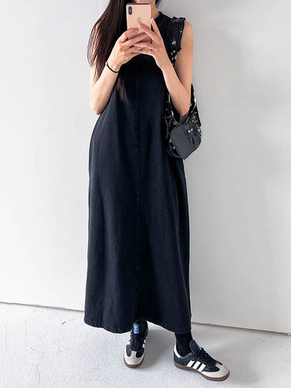 A-Line Loose Pockets Solid Color Tied Round-Neck Maxi Dresses