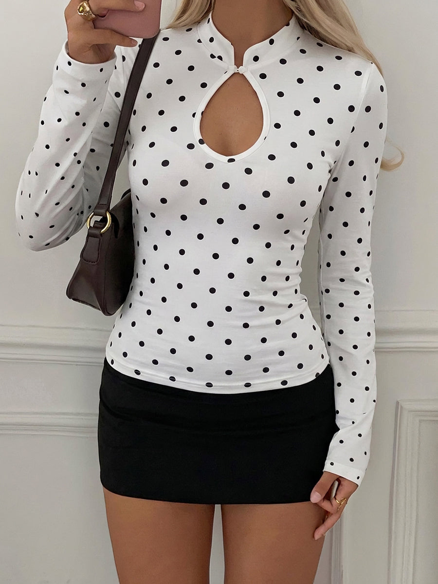 Polka-Dot Hollow Skinny Long Sleeves Round-neck T-Shirts Tops