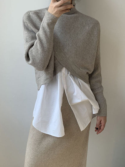 Long Sleeves Asymmetric Solid Color Split-Front High-Neck Knitwear Pullovers Sweater