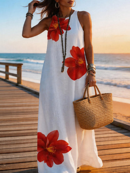 Loose Sleeveless Contrast Color Flower Print Pockets Round-Neck Maxi Dresses