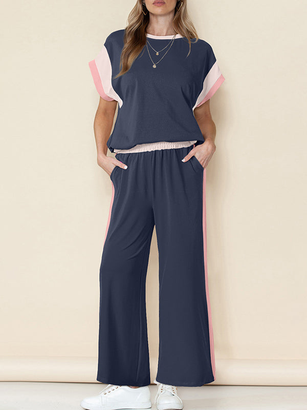 Loose Raglan Sleeve Contrast Color Split-Joint Round-Neck T-Shirt Top + Elasticity Pockets Pants Bottom Two Pieces Set