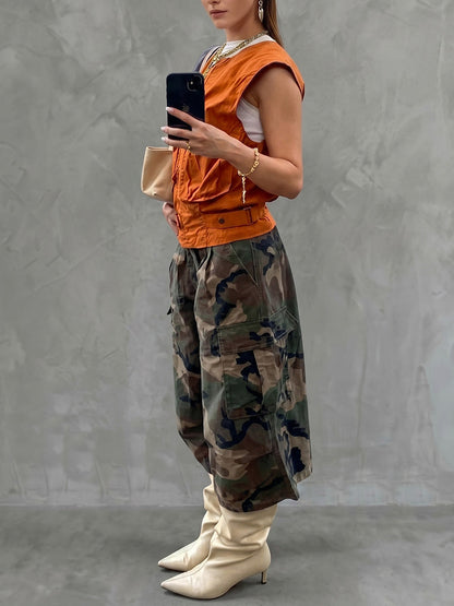 Loose Seven-Quarter Sleeves Camouflage Contrast Color Pockets Casual Pants Bottoms Cropped Trousers