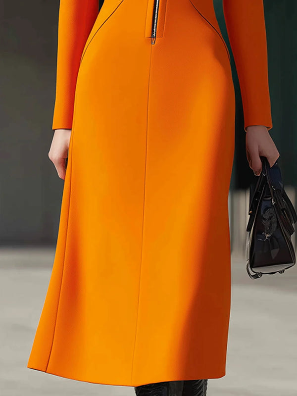 Bodycon Long Sleeves Solid Color Zipper Lapel Maxi Dresses