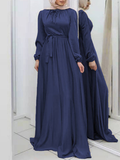 Long Sleeves Loose Pleated Solid Color Tied Waist Maxi Dresses