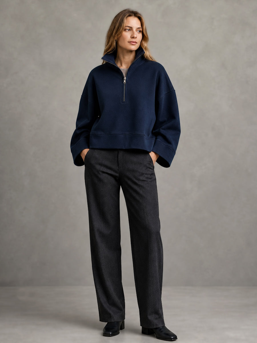 Zipper Solid Color Long Sleeves Stand Collar Sweatshirt Tops