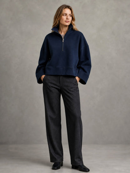 Zipper Solid Color Long Sleeves Stand Collar Sweatshirt Tops