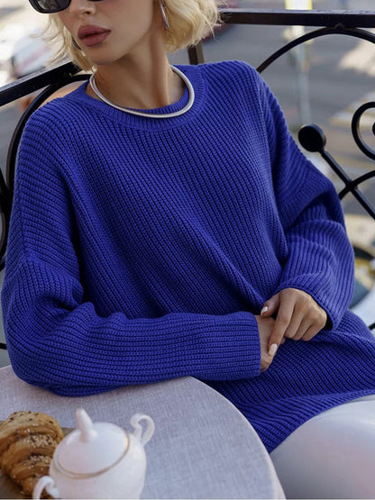 Long Sleeves Loose Solid Color Split-Joint Round-Neck Sweater Tops BLUE