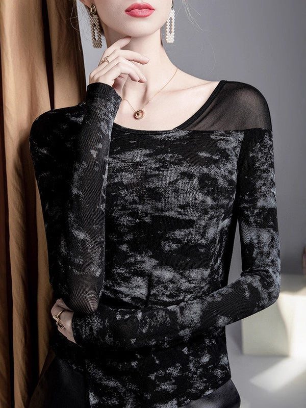 Irregularity Long Sleeves Asymmetric Graffiti Printed Mesh Split-Joint Round-Neck T-Shirts Tops
