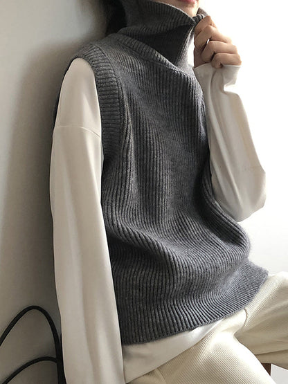 Casual Loose Sleeveless Solid Color High-Neck Sweater Vest Outerwear