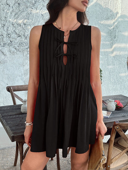 A-Line Loose Pleated Solid Color Tied Round-Neck Mini Dresses Vest Top
