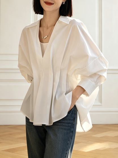 High-Low Long Sleeves Pleated Solid Color Split-Joint Lapel Blouses&Shirts Tops