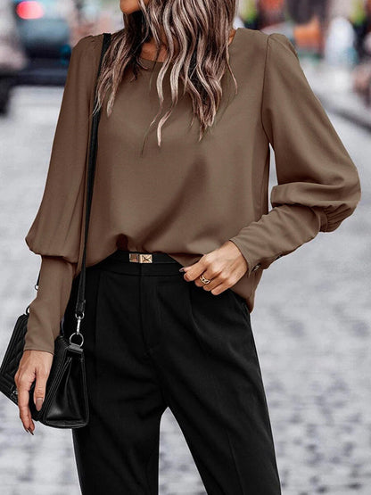 Long Sleeves Loose Buttoned Pleated Solid Color Round-Neck Blouses&Shirts Tops