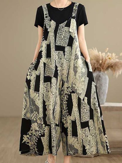 Loose Wide Leg Buttoned Contrast Color Pockets Printed Split-Joint Adjustable Straps Overalls