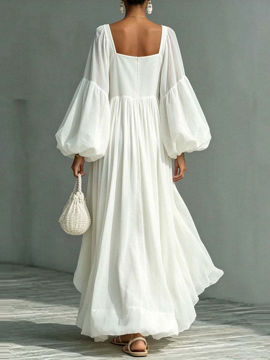 Zipper Split-Joint Solid Color Elasticity Backless Puff Sleeves Loose Square-neck Maxi Dresses