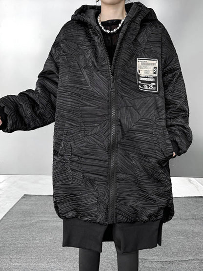 High-Low Irregularity Abstract Printed Contrast Color Split-Joint Zipper Hooded Outerwear Overcoat
