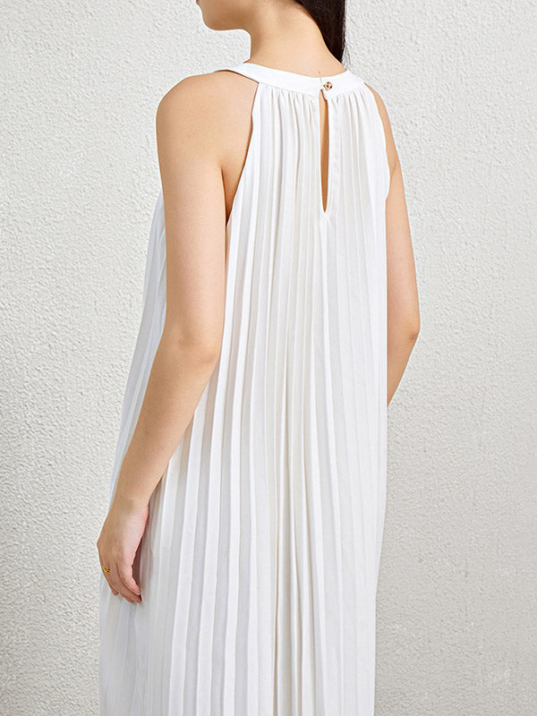 Lockere ärmellose, hohle, plissierte Taschen, einfarbige Neckholder-Maxikleider 