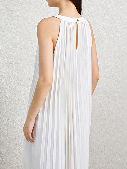Lockere ärmellose, hohle, plissierte Taschen, einfarbige Neckholder-Maxikleider 