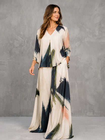 Versatile Printed Three-quarter Sleeves Loose V-neck Blouses&shirts Tops