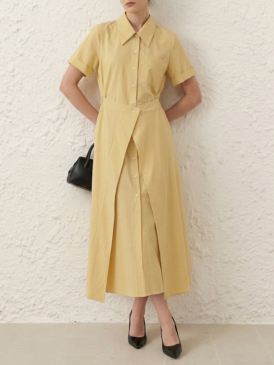 Elasticated Waist Short Sleeves Buttoned Layered Solid Color Split-Front Split-Joint Lapel Maxi Dresses Shirt Dress
