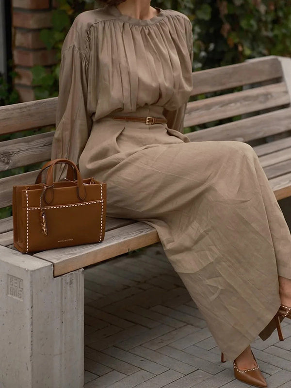 Long Sleeves Pleated Solid Color Split-Joint Round-Neck Blouses&Shirts Tops