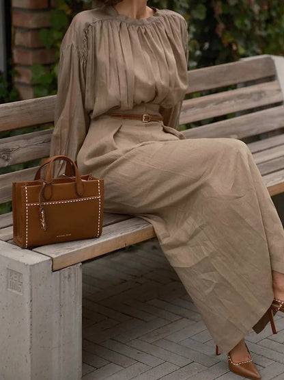 Long Sleeves Pleated Solid Color Split-Joint Round-Neck Blouses&Shirts Tops