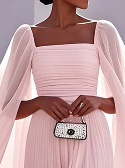 Cape Gauze Pleated Split-Joint Square-Neck Evening Dresses Maxi Dresses