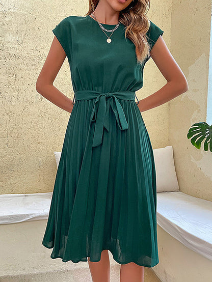A-Line Loose Pleated Solid Color Tied Waist Round-Neck Midi Dresses