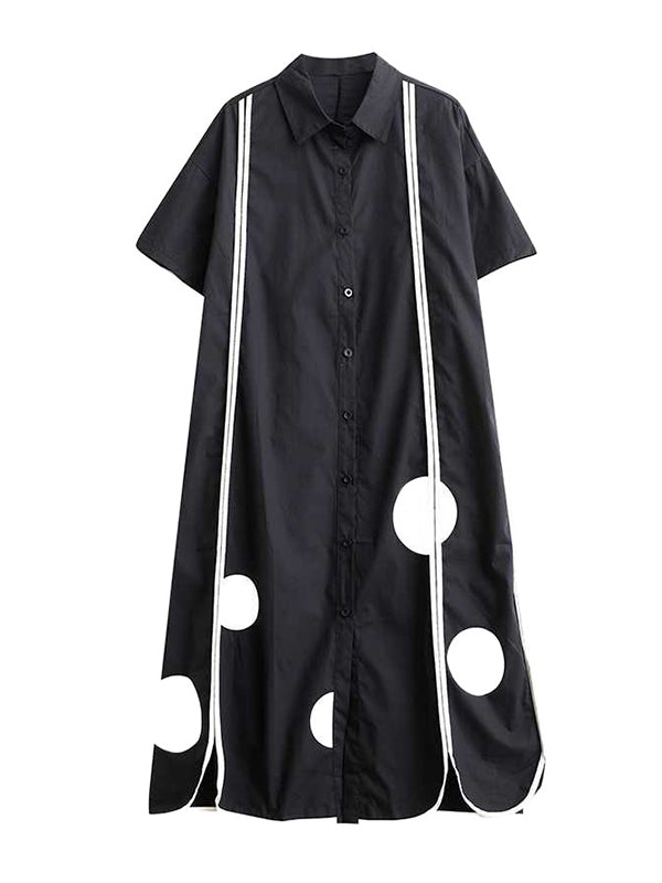 Robe chemise mi-longue à manches mi-longues et poches boutonnées, à pois, fendue sur le devant et à revers fendus 