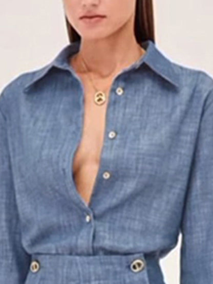 Long Sleeves Solid Color Split-Joint Lapel Blouses&Shirts Tops