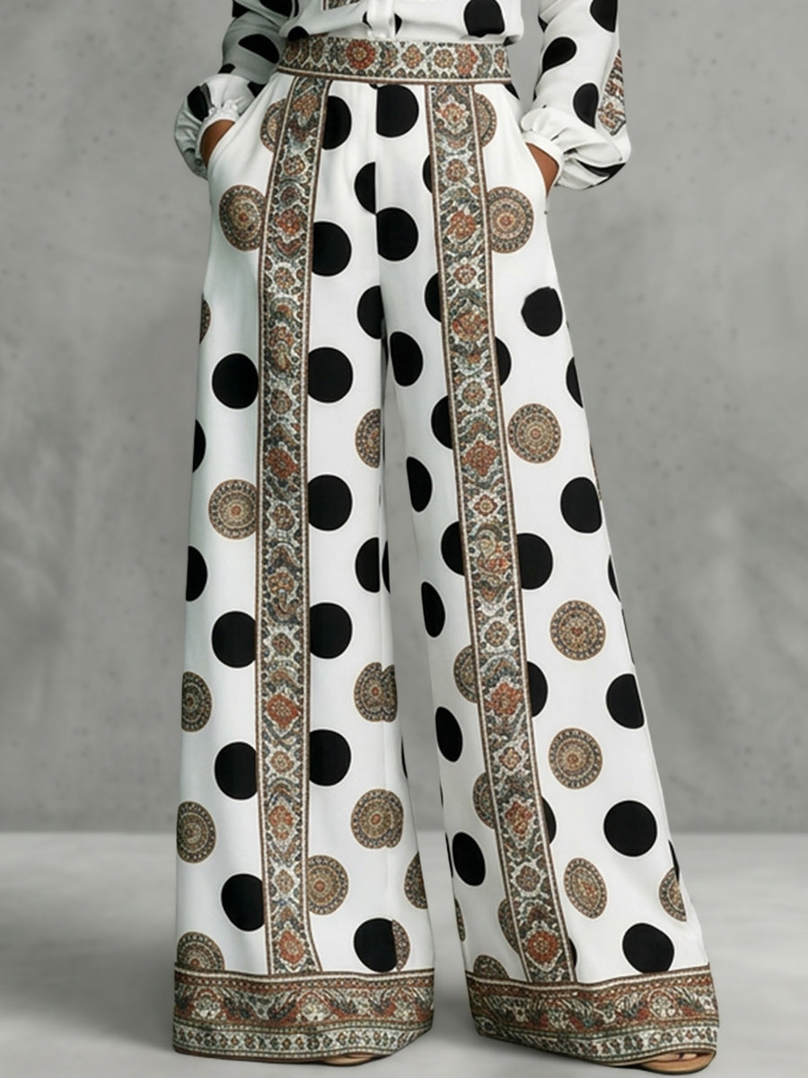 High Waisted Wide Leg Contrast Color Elasticity Pockets Polka Dot Printed Pants Trousers