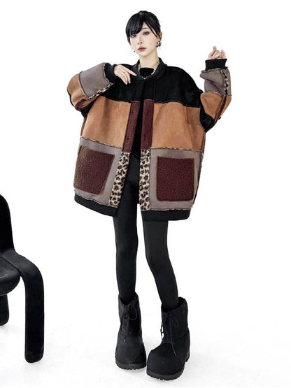 Long Sleeves Loose Buttoned Contrast Color Reversible Split-Joint Round-Neck Cardigan Tops Outerwear